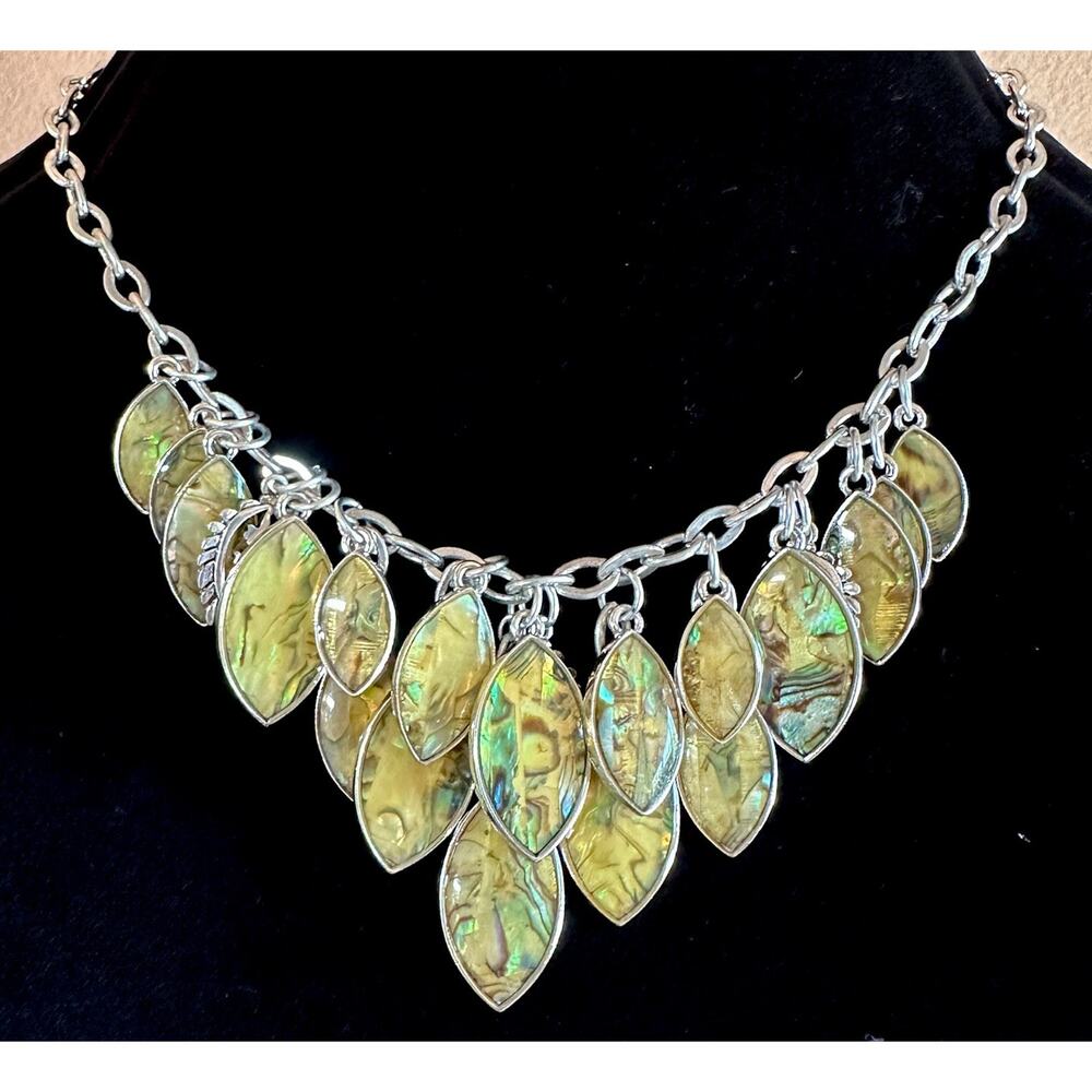 Premier Designs Necklace "Monterey" Abalone Leaves Bib Silver 16-20" Pristine
